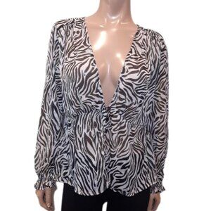 Cream Zebra Print Blouse Long Sleeve Sheer Plunging Vneck Flowy Buttoned Front